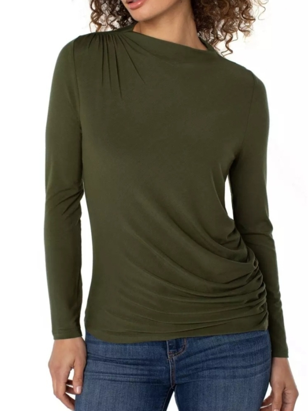 Liverpool Olive Long-Sleeve Ruched Shoulder Top